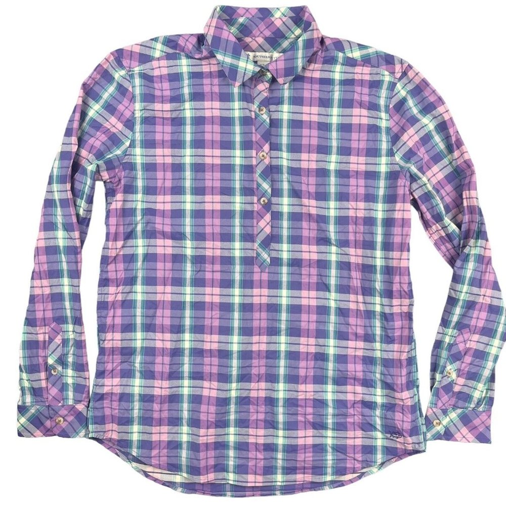 Southern Tide Intercoastal Purple Green Plaid Long Sleeve Shirt Women's Size S